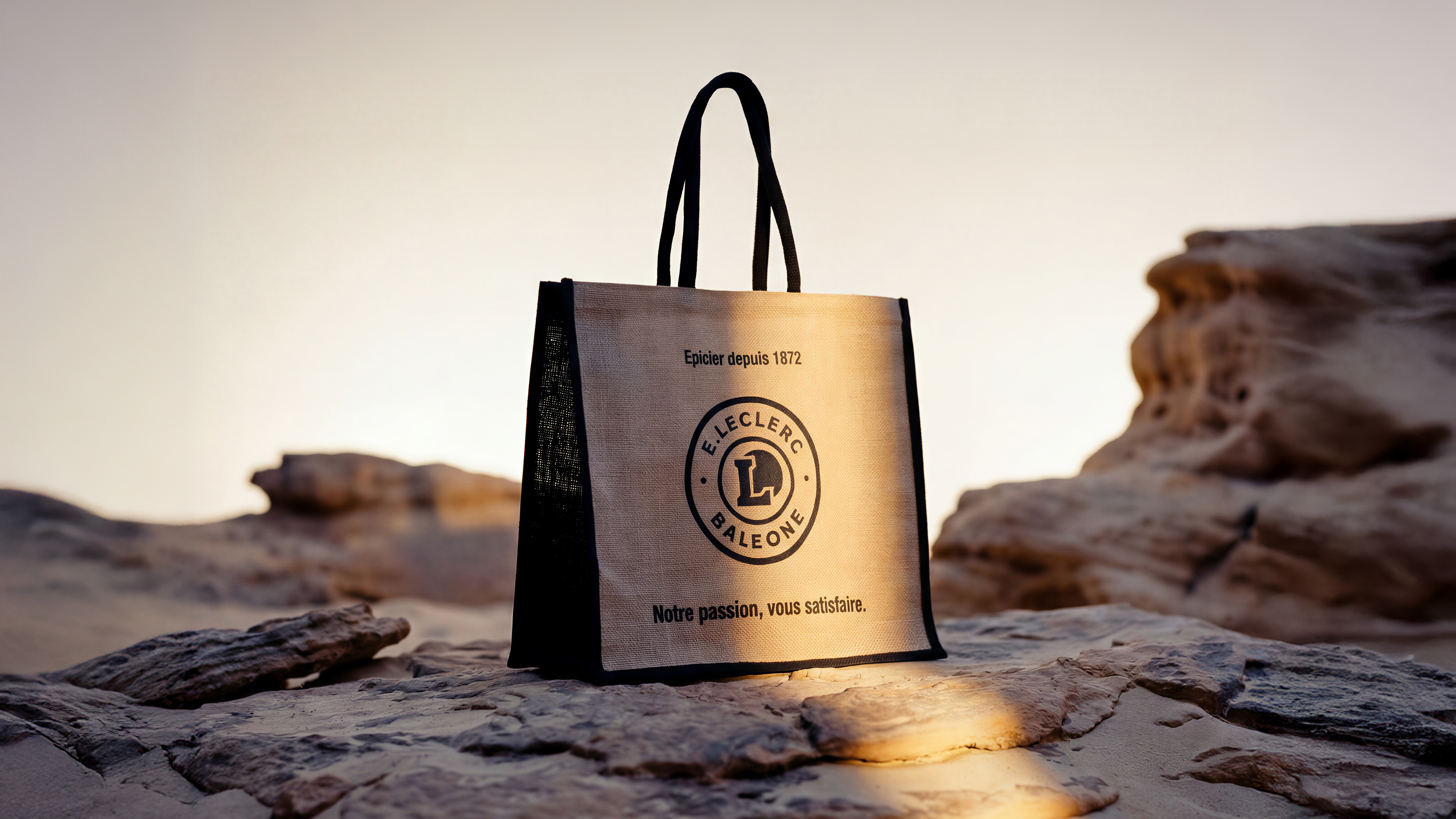 Jute bag on stone at golden sunset